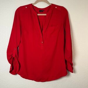 The Limited Red Blouse‎ Small Roll Tab Long Sleeve Button Pocket Top